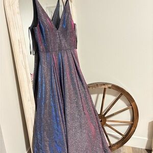 Sparkling Iridescent V-Neck Evening Dress in Black with Blue & Pink Sheen
